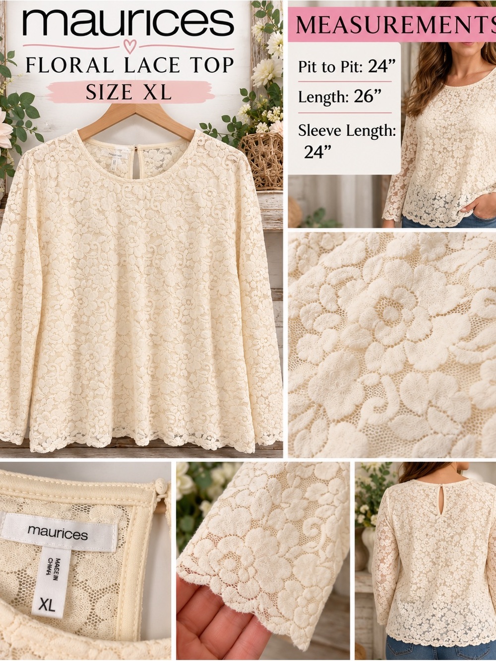 Maurices Cream Floral Lace Long-Sleeve Blouse